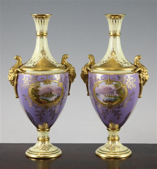 A pair of Coalport lilac and lemon yellow ground vases, c.1900, 22.5cm